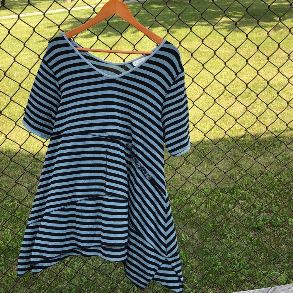 Caty Lesca Paris Blue/Black Striped Top Size 5 Unique Boho Made in Morocco #1237
